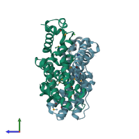 PDB entry 1z0x coloured by chain, side view.