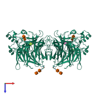 Homo dimeric assembly 2 of PDB entry 1z4w coloured by chemically distinct molecules, top view.