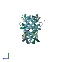PDB entry 1zbg coloured by chain, side view.