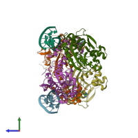 PDB entry 1zbh coloured by chain, side view.