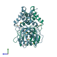 PDB entry 1zbo coloured by chain, side view.