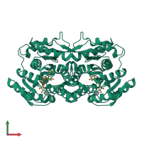 Homo dimeric assembly 1 of PDB entry 1zbq coloured by chemically distinct molecules, front view.