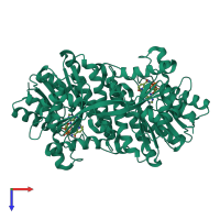 Homo dimeric assembly 2 of PDB entry 1zbq coloured by chemically distinct molecules, top view.