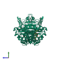 Homo dimeric assembly 3 of PDB entry 1zbq coloured by chemically distinct molecules, side view.