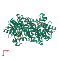 Homo dimeric assembly 3 of PDB entry 1zbq coloured by chemically distinct molecules, top view.