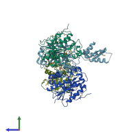 PDB entry 1zbu coloured by chain, side view.