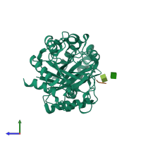 PDB entry 1zbw coloured by chain, side view.