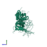 PDB entry 1zc1 coloured by chain, ensemble of 15 models, side view.