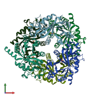 PDB entry 1zcc coloured by chain, front view.