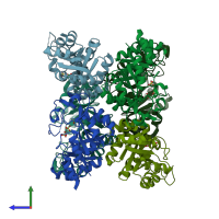 PDB entry 1zcc coloured by chain, side view.