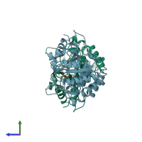 PDB entry 1zco coloured by chain, side view.