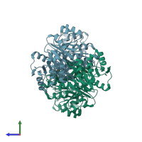 PDB entry 1zcz coloured by chain, side view.