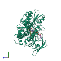 PDB entry 1zdl coloured by chain, side view.