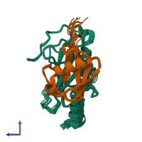 PDB entry 1zgu coloured by chain, ensemble of 10 models, side view.