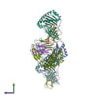 PDB entry 1zhb coloured by chain, side view.