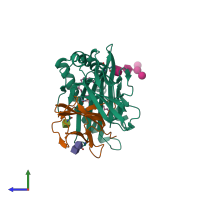 PDB entry 1zhn coloured by chain, side view.