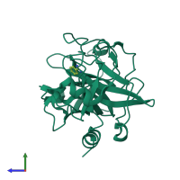 PDB entry 1zhr coloured by chain, side view.