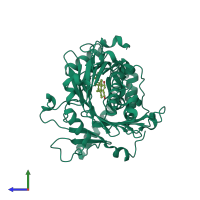 PDB entry 1zht coloured by chain, side view.