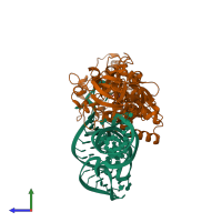 PDB entry 1zjw coloured by chain, side view.