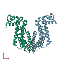 PDB entry 1zkg coloured by chain, front view.