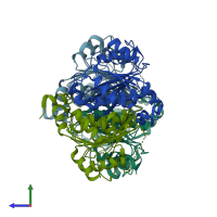 PDB entry 1zkm coloured by chain, side view.