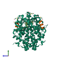 Hetero tetrameric assembly 1 of PDB entry 1zky coloured by chemically distinct molecules, side view.