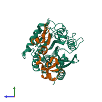 PDB entry 1zli coloured by chain, side view.