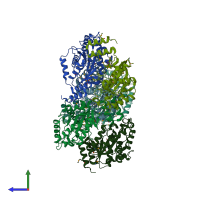 PDB entry 1zmb coloured by chain, side view.