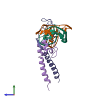 PDB entry 1zme coloured by chain, side view.