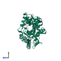 PDB entry 1zmg coloured by chain, side view.