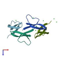 PDB entry 1zmq coloured by chain, top view.