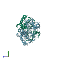 PDB entry 1zmw coloured by chain, side view.