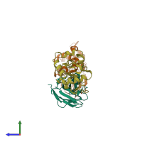 PDB entry 1zmy coloured by chain, side view.