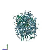 PDB entry 1zoa coloured by chain, side view.
