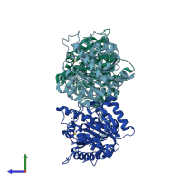 PDB entry 1zpe coloured by chain, side view.
