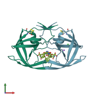 PDB entry 1zpk coloured by chain, front view.