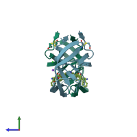 PDB entry 1zpk coloured by chain, side view.