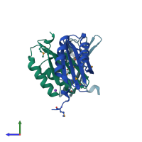 PDB entry 1zpv coloured by chain, side view.