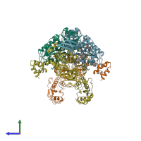 PDB entry 1zq1 coloured by chain, side view.