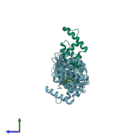 PDB entry 1zq9 coloured by chain, side view.