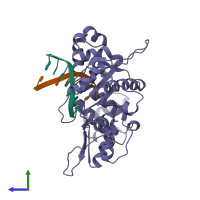 PDB entry 1zqe coloured by chain, side view.