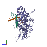 PDB entry 1zqq coloured by chain, side view.