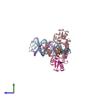 PDB entry 1zr2 coloured by chain, side view.