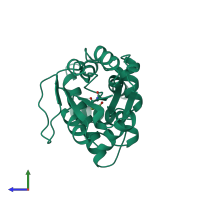 PDB entry 1zrm coloured by chain, side view.
