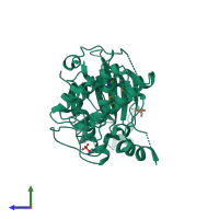 PDB entry 1zrz coloured by chain, side view.