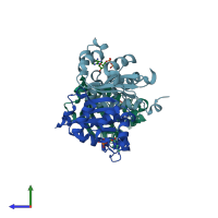 PDB entry 1zs6 coloured by chain, side view.