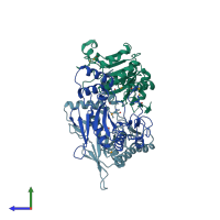 PDB entry 1ztp coloured by chain, side view.