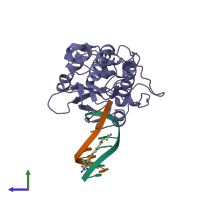 PDB entry 1ztt coloured by chain, side view.