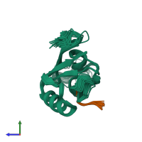 PDB entry 1zub coloured by chain, ensemble of 20 models, side view.