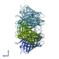 PDB entry 1zux coloured by chain, side view.